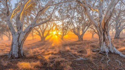 A serene forest shrouded in fog, with beams of sunlight filtering through the trees, casting a warm glow over the misty landscape