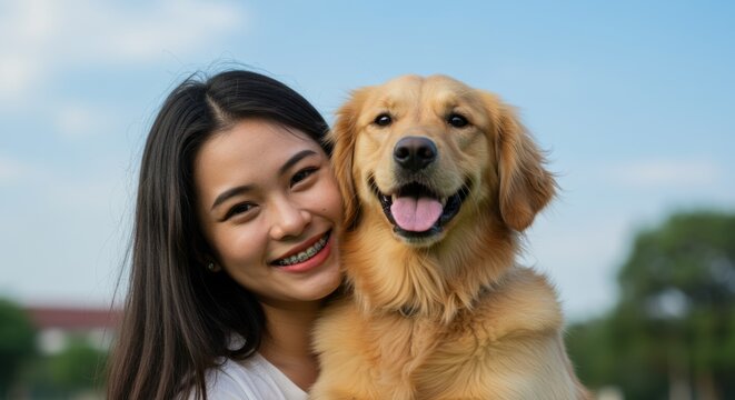 Smiling woman hugging happy golden retriever with green background and blue sky