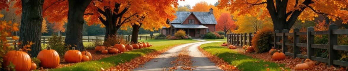 A rustic autumnal lane adorned with vibrant fall foliage, gourds, and pumpkins, leading to a charming, inviting farmhouse Perfect for Thanksgiving or autumnal themes , tranquil, scenery