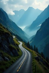 A rugged, winding mountain road disappears into a mist-shrouded valley, promising untold adventure and breathtaking views The journey awaits; explore the unknown , valley, blue