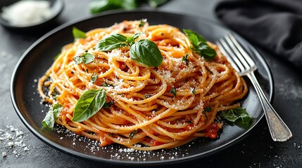 Plate of pasta with tomato sauce, cheese, and fresh basil