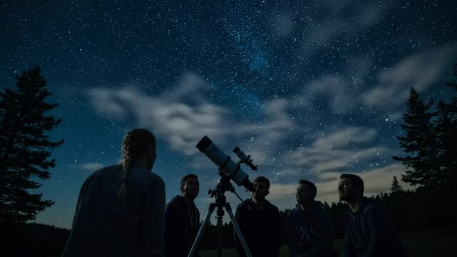 People Stargazing with Telescope Under Night Sky Full of Stars