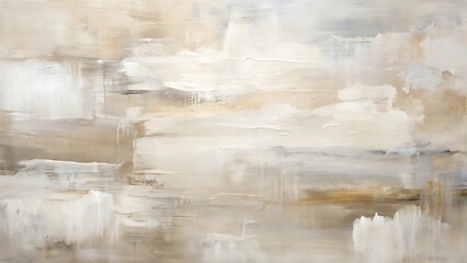 Abstract painting displaying neutral tones of beige brown and white with textured brushstrokes