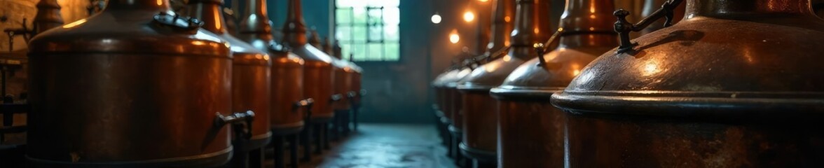 Aromas of dark roasted barley and hops fill a dimly lit brewery, copper kettles gleaming under low lighting, the air thick with the scent of bitter beer , factory, bitter