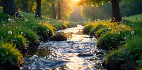 A romantic scene of two gentle streams merging together, symbolizing unity and connection Perfect for concepts of togetherness, harmony, and love , unity, flow, liquid