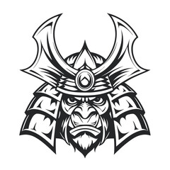 Fototapeta premium Monochrome Gorilla Samurai Warrior Head, Vector Illustration, Isolated on White Background. 