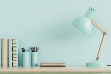 Pastel Mint Lamp Gracing a Wooden Desk Surrounded by Books, Featuring Ample Copy Space on an Unadorned White Wall