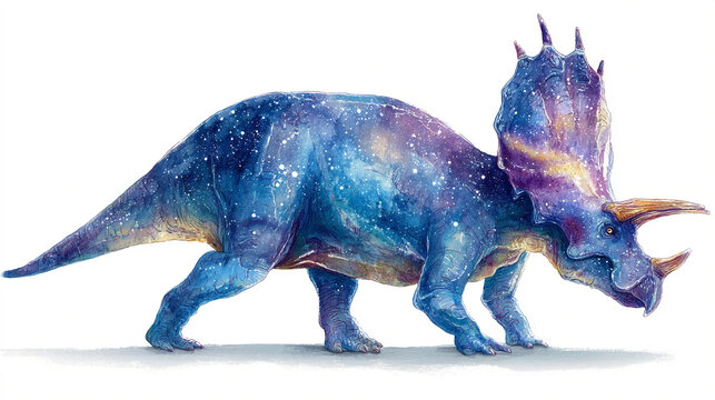 A single watercolor Chasmosaurus with starry frill patterns