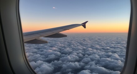 Obraz premium Sunset view from airplane window, above a fluffy cloud layer