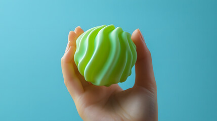 Human hand squeezing a green squishy toy, highlighting tactile detail, playful texture and stressrelief charm ideal for creative projects.