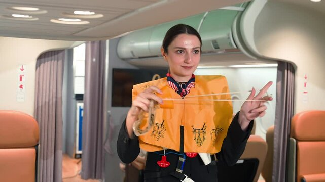 Air Hostess Showing Oxygen Mask and Life Vest in Safety Demonstration Before Airplane Takeoff as Part of Cabin Crew In-Flight Instructions