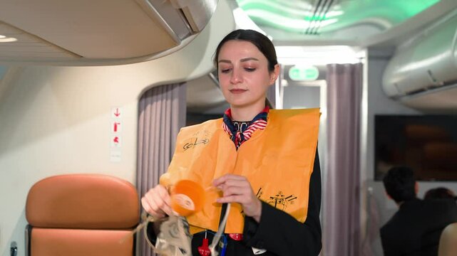 Flight Attendant Demonstrating Safety Equipment Before Takeoff with Life Jacket and Oxygen Mask in Cabin Showing Professional Airline Safety Protocol