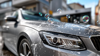 Fototapeta premium Freshly polished car gleams under sunlight, surrounded by delicate soap bubbles, capturing the essence of a perfect car wash experience