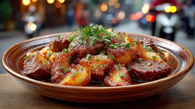 Spicy kebda eskandarani liver stir-fried with garlic and chili, sizzling amid lively Alexandrian streets at dusk