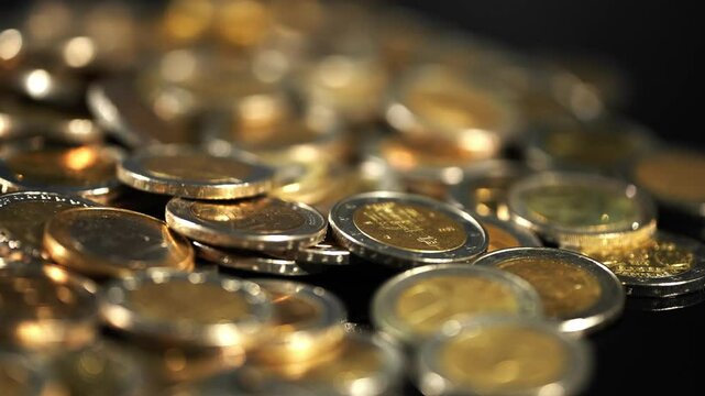 Euro coins forming a pile on a dark background are representing savings, finance, and investment concepts