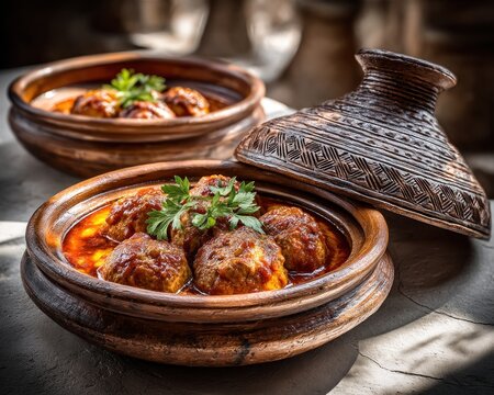 Enjoy tender lahma bil forn with tomato sauce served in woven baskets during a family lunch beneath a lemon tree