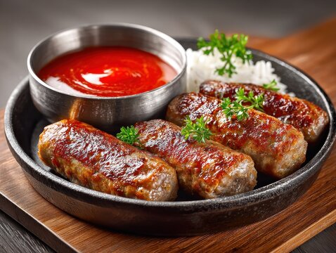 Delicious mombar sausages are served with warm tomato sauce in a lively kitchen during midday preparation