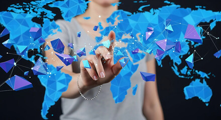 Woman's hand touching a world map, symbolizing exploration and connection to global geography, Generative AI.