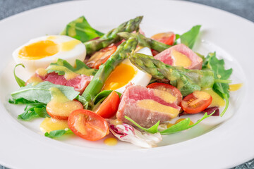 Elegant Niçoise portion with eggs, tuna, arugula, asparagus, cherry tomatoes, white plate