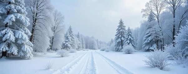 A picturesque winter scene with heavy snowfall blanketing a tranquil landscape; frosty branches draped with snow under a grey sky , scenic, snow flakes
