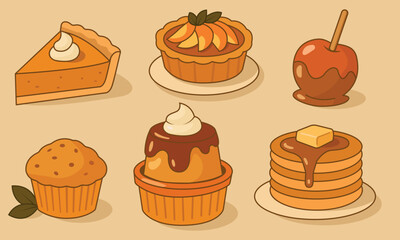 Vector illustration of a set of autumn desserts in flat style. Includes pumpkin pie, apple tart, caramel apple, muffin, pudding with cream, and a stack of pancakes with syrup.