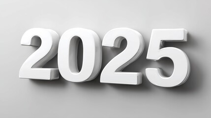 White 3D rendition of number 2025 casting shadow on gray surface Represents year 2025