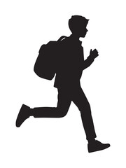 Black silhouette vector of a school boy running with a backpack, side profile, isolated on white