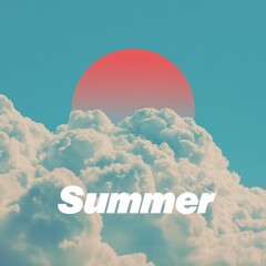 retro summer sky with fluffy clouds and red sun stylized for nostalgic and vibrant aesthetic