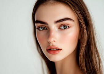Naklejka premium Portrait of young beautiful woman with natural makeup on grey studio background.Macro.Ai Generative.