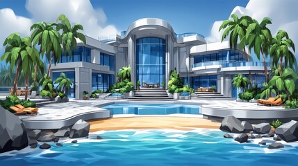 Fototapeta premium Modern luxury hotel with a tropical poolside setting and lush palm trees