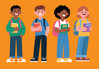 Diverse Group of Smiling Students Holding Books with Backpacks Vectors illustrations