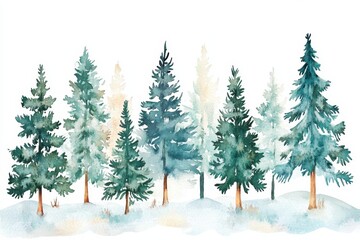 Fototapeta premium Watercolor Winter Landscape. Snowy Pine Forest with Fir Trees on a Bright Background