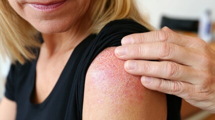Medical professional checking psoriasis affected skin on female patient's shoulder, analyzing red, inflamed rash during clinical dermatology consultation
