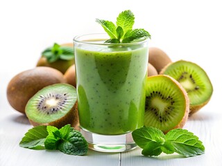 Glass of fresh green kiwi smoothie with mint leaves surrounded by whole and sliced kiwis on white wooden surface