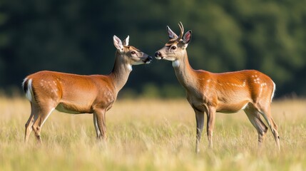 Fototapeta premium Pair of Whitetail Deer: A Buck and Doe Meeting in a Sunlit Open Field