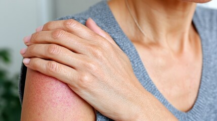 Woman treating inflamed, itchy skin from dermatitis, gently massaging soothing topical cream onto reddened area for symptom relief and skin healing