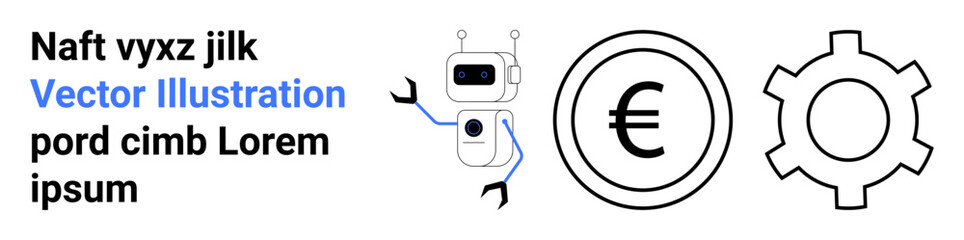 Robot holding a Euro coin next to a gear symbolizing automation, currency, and innovation. Ideal for fintech, robotics, AI, economics, technology, teamwork simple landing page