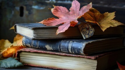Stacked vintage books adorned with autumn leaves.