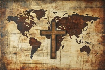 Obraz premium Rustic World Map: A Cross Symbolizing Divine Love and Global Evangelism