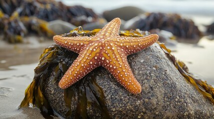 Close-up of a starfish resting on a wet rock.