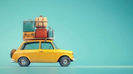 Whimsical Road Trip: Vintage Yellow Car Packed with Beach Gear Against a Cheerful Blue Background, Cartoon Style Adventure for Summer Holiday Explorers