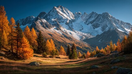 Fototapeta premium Bright Foliage beneath Snowy Peaks
