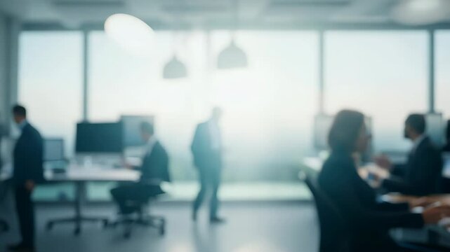 blurred business office background with silhouettes of people teamwork corporate modern workplace
