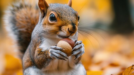 Close-up of a squirrel consuming a nut in autumnal foliage.