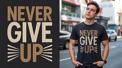 Man wearing a never give up t shirt standing on a street looking up at the sky