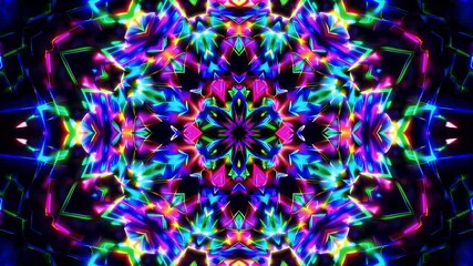 Futuristic neon animation symmetrical geometric shapes forming trippy loops ideal electronic music events cyberpunk visuals nightclub scenes