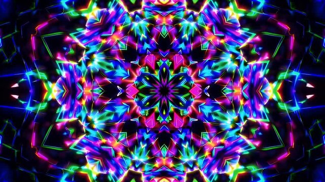Futuristic neon animation symmetrical geometric shapes forming trippy loops ideal electronic music events cyberpunk visuals nightclub scenes