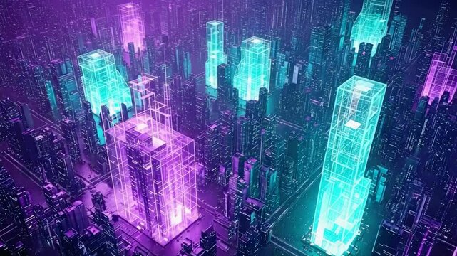 Experience the vibrant glow of a futuristic city skyline at night with neon lights