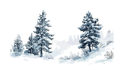 Winter Forest Silhouettes, frozen cedar trees, icy alpine clipart, snowy terrain scene, engraved evergreen woods, mountain art style, cold nature design, vector illustration, christmas tree