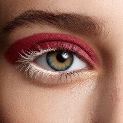 Obraz premium Close-up of a woman's eye with vibrant makeup and striking colors.
